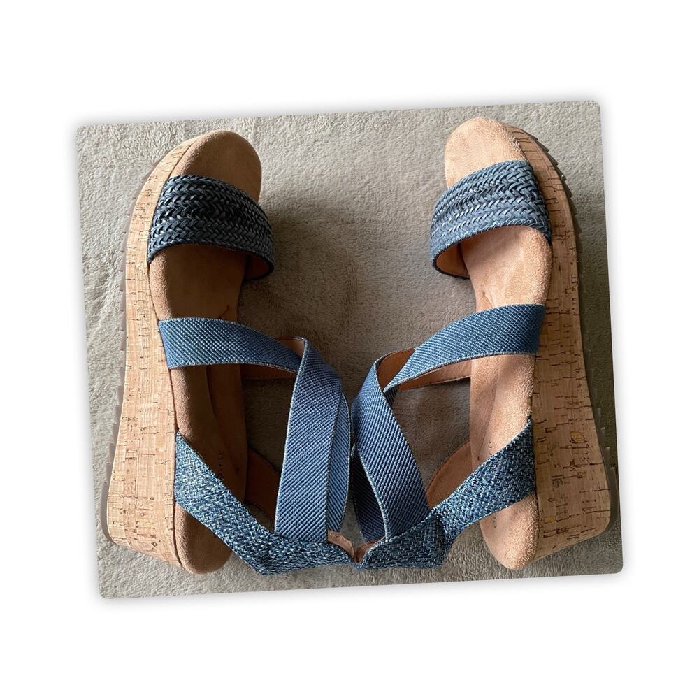 Easy Spirit Blue Cork Wedge Sandals Womens 8.5M Stretch Comfort Casual